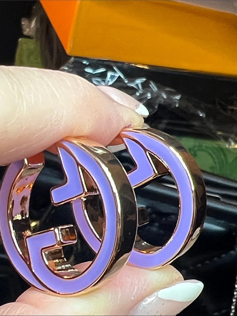 Gold-Tone Purple Enamel Hoop Earrings